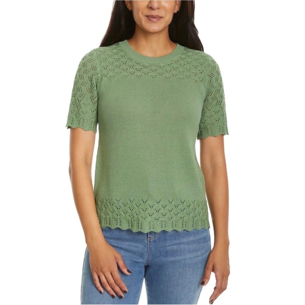 NWT Cottagecore Womens Green Pointelle Eyelet Knit Short Sleeve Top •L• Romantic